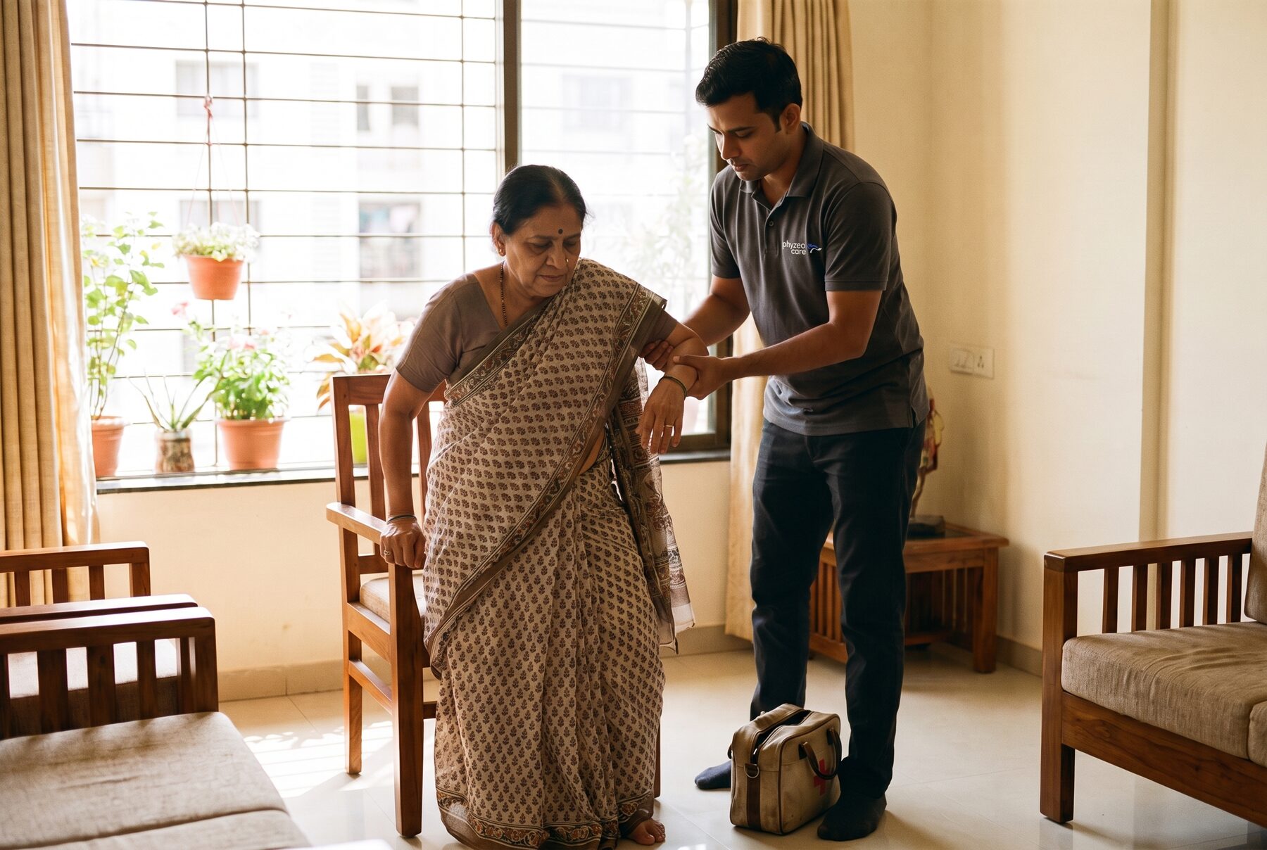 Physiotherapist helping an older woman stand from a chair at home