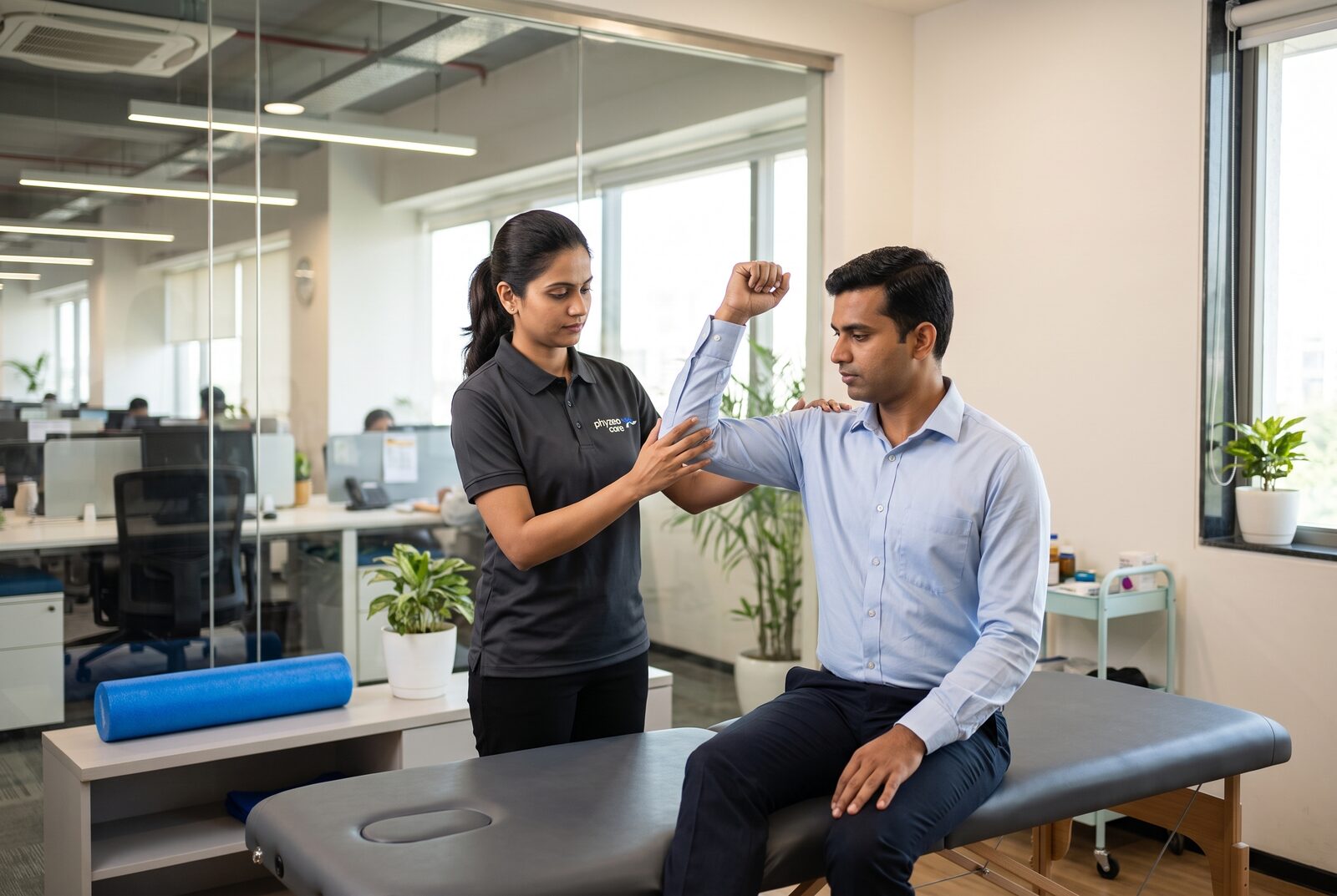 Physiotherapist treating an employee in an office wellness room