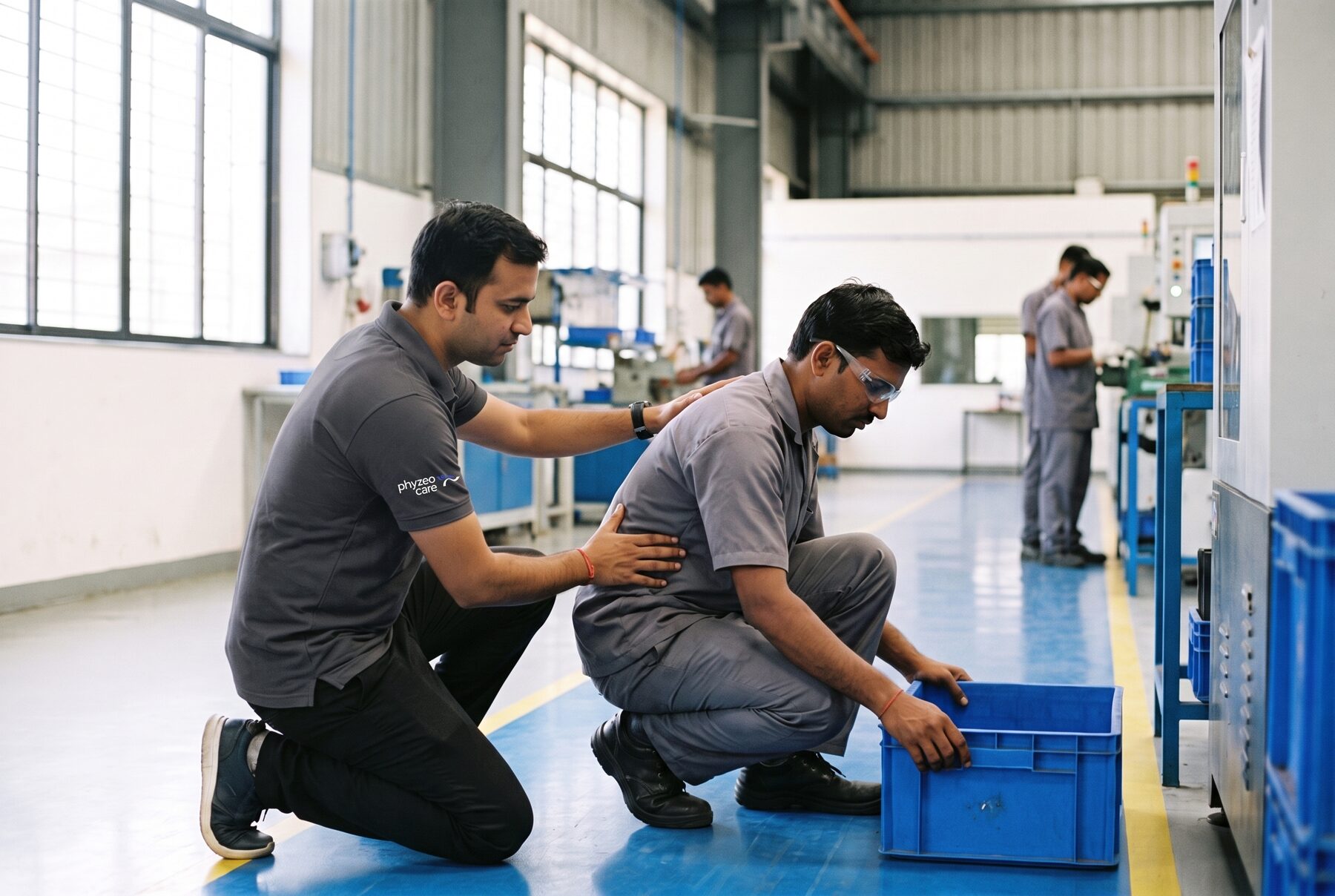 Physiotherapist coaching a factory worker on lifting technique