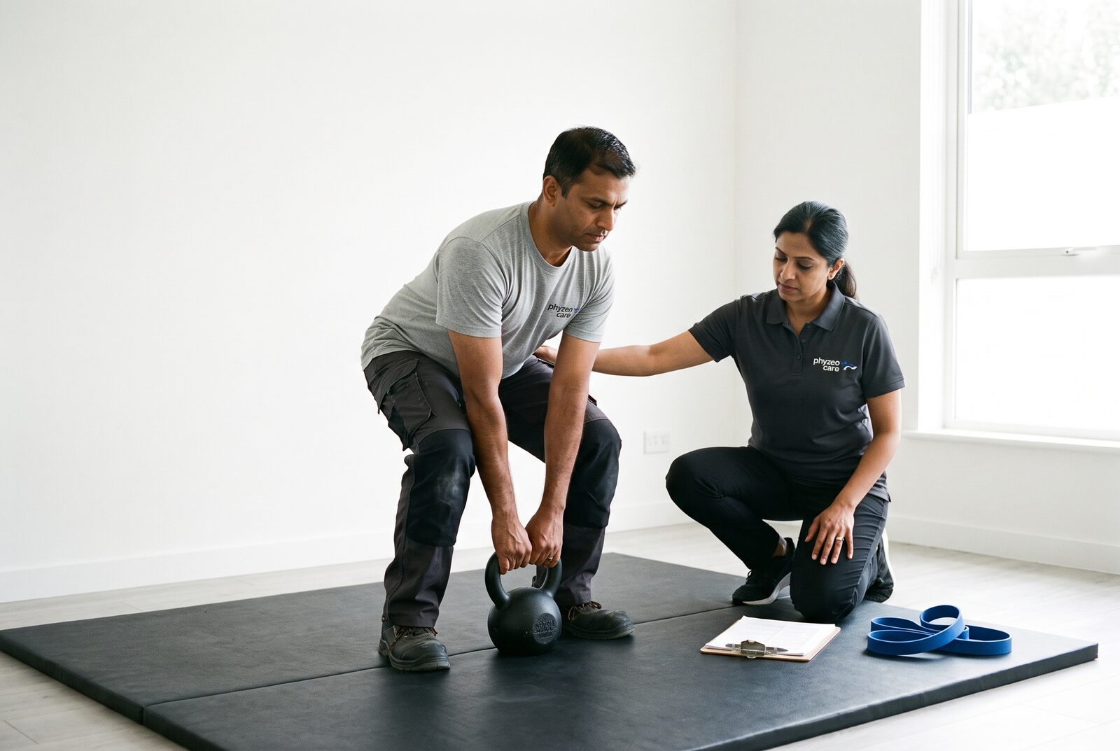 Physiotherapist guiding an employee through a supervised lift