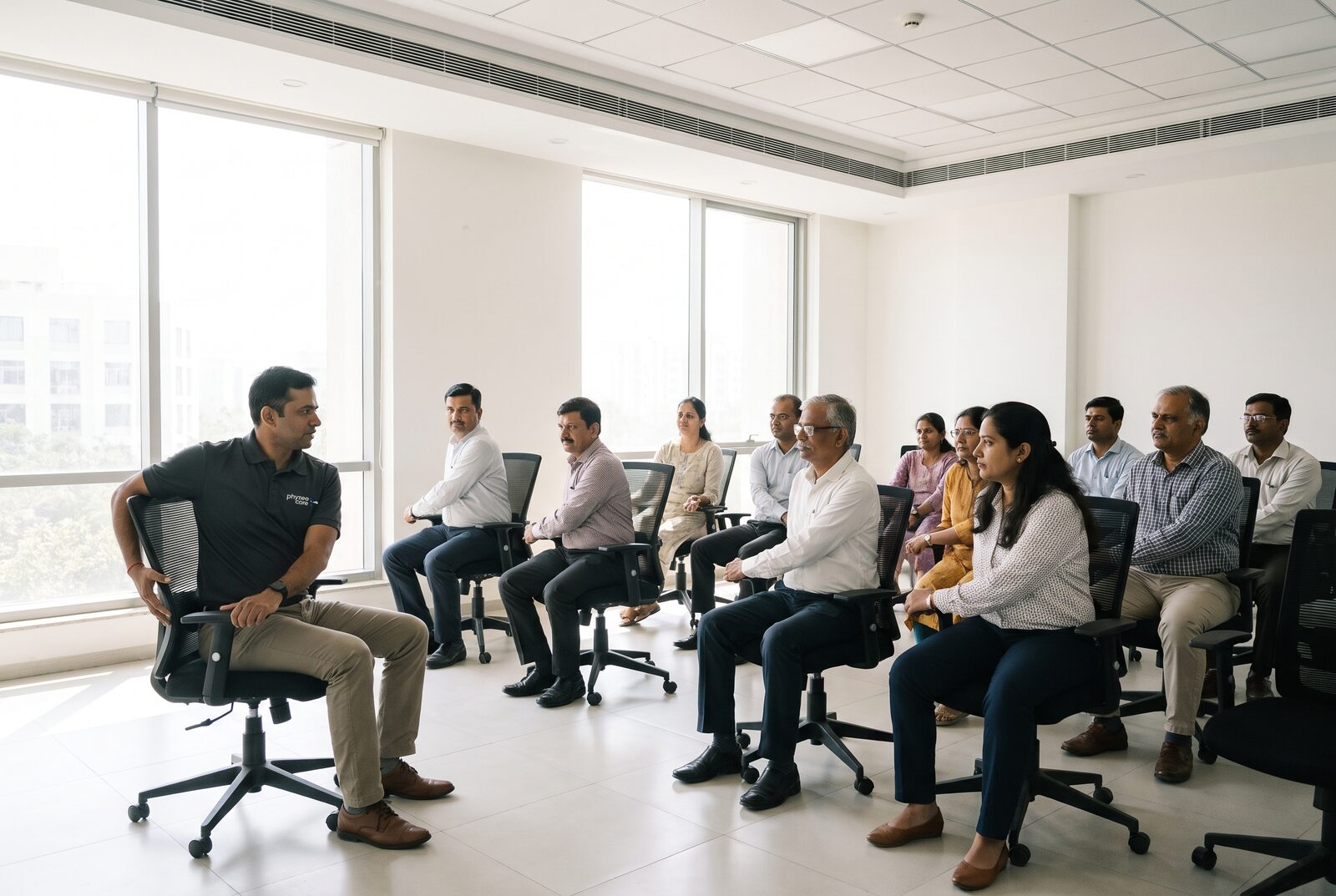 Physiotherapist leading a seated stretch workshop for employees