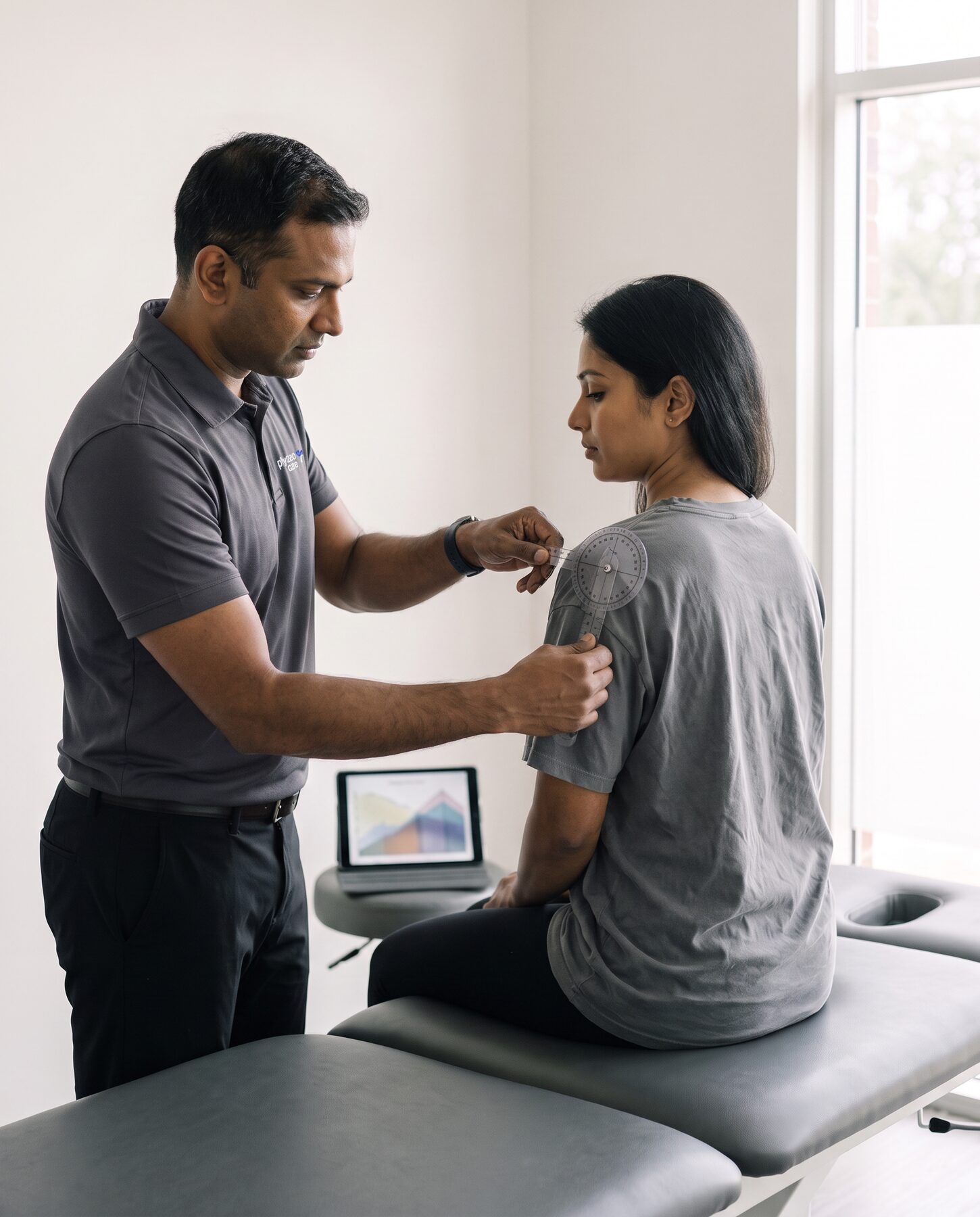 Physiotherapist measuring a patient's shoulder range of motion