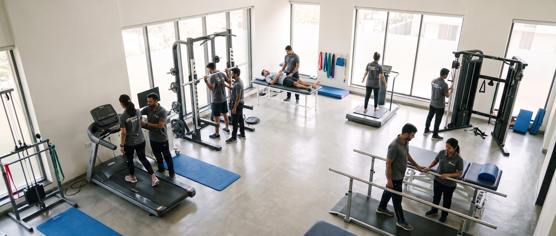 Physiotherapists working with patients across a rehabilitation floor